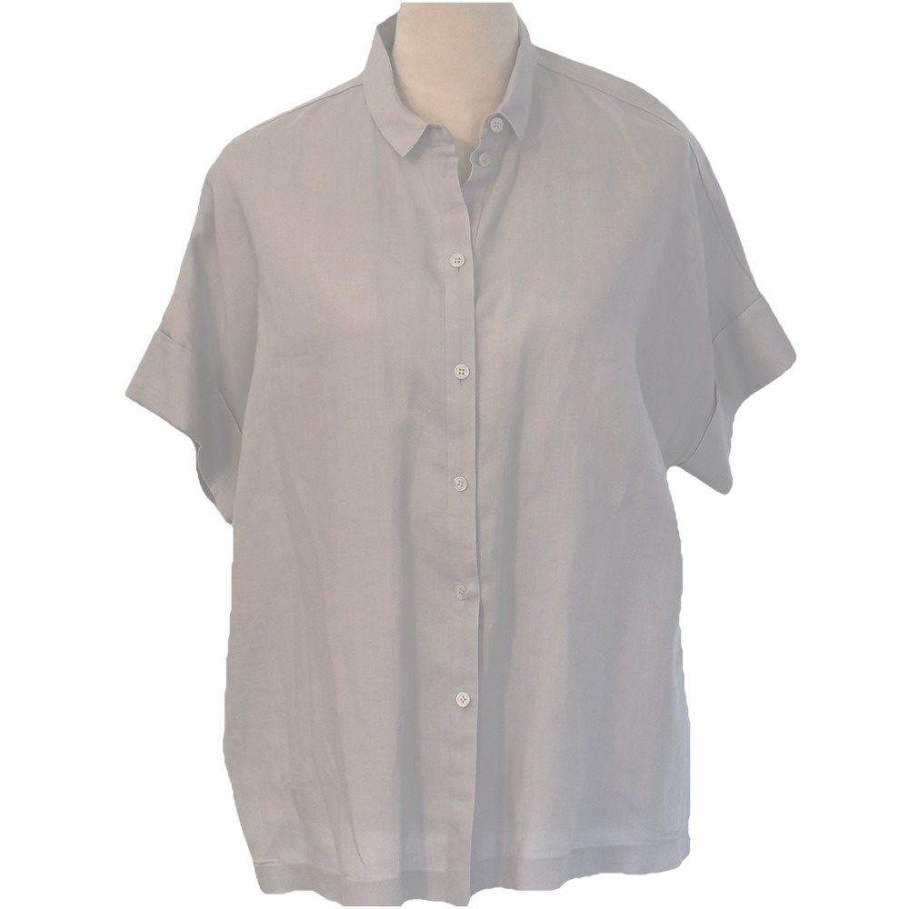 LAFAYETTE 148 Sz M Linen Light Gray/Blush Boxy Button Short Sleeve Blouse Top